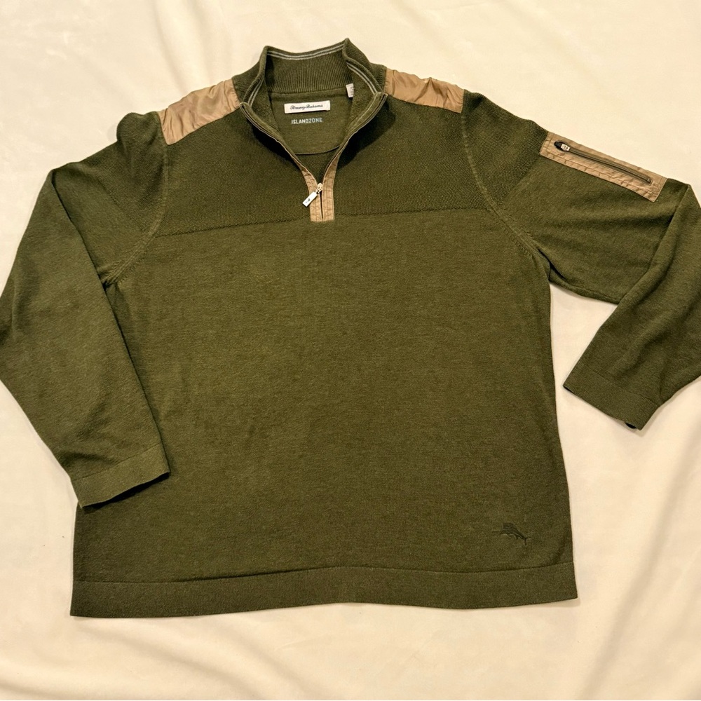 Tommy Bahama Olive Zip-Up Sweater with Beige Details